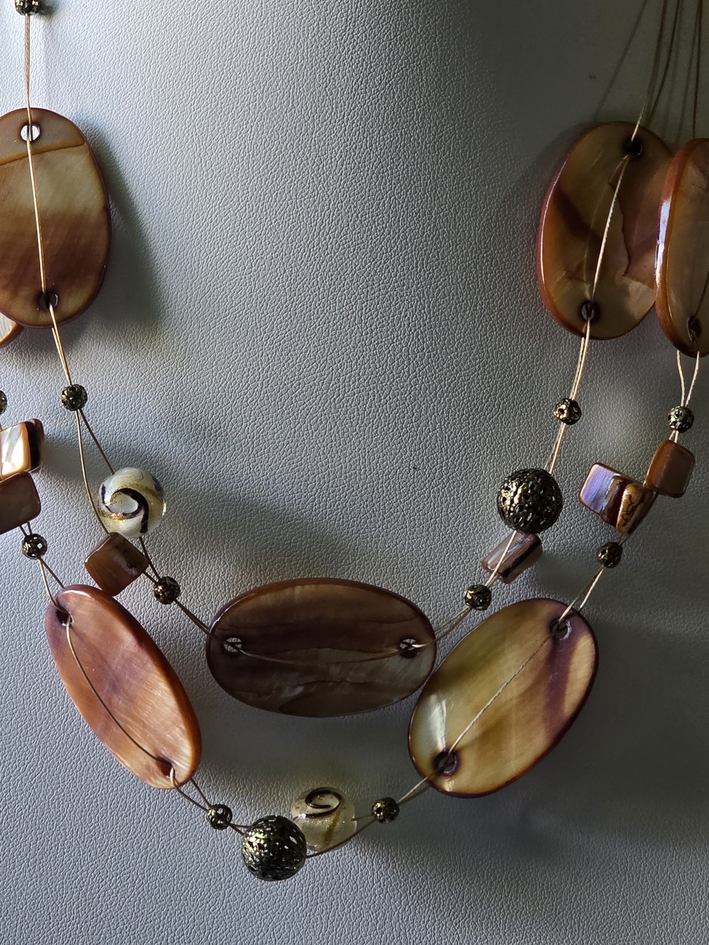 Multi-Strand Brown Shell Oval Necklace